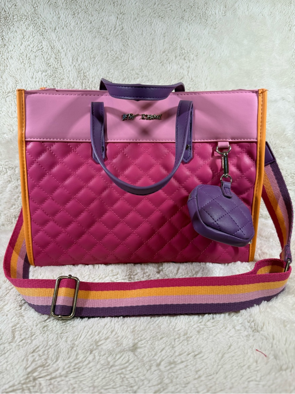 Betsey Johnson Pink Quilted Tote with Purple Trim and Orange Piping
